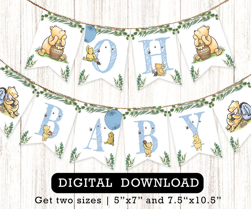 Downloadable Digital Banner Garland/ Classic Winnie The Pooh Baby Shower/Hanging Bunting Flags Decoration /Instant Download - spikes.digitalshop
