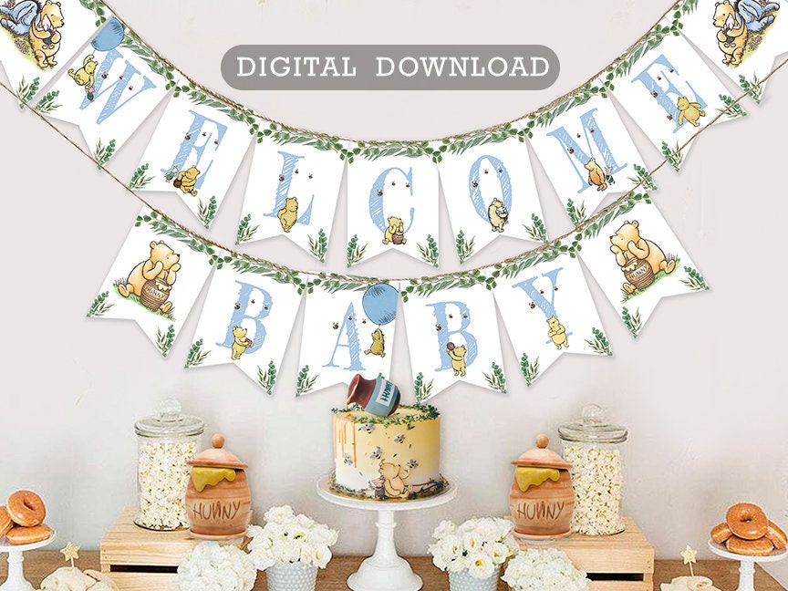 Downloadable Digital Banner Garland/ Classic Winnie The Pooh Baby Shower/Hanging Bunting Flags Decoration /Instant Download