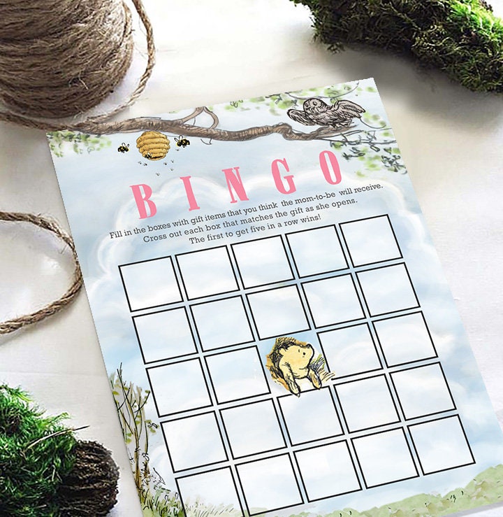Classic Winnie The Pooh Baby Shower Games - BINGO Card - Pink For Girls