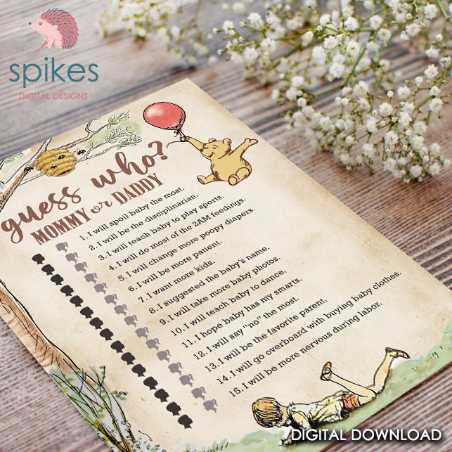 Classic Winnie The Pooh Baby Shower Games - Guess Who Mommy Or Daddy - Instant Download - spikes.digitalshop