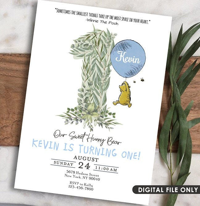 Classic Winnie The Pooh First Birthday Invitation Card for Boy Girl / Personalized for you / Digital Only