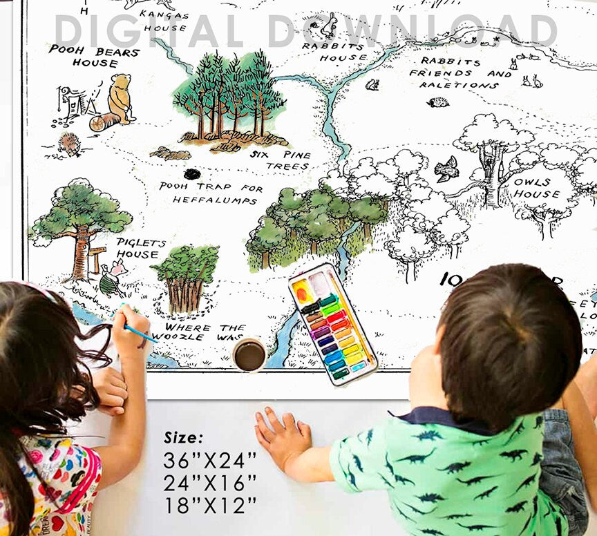 100 Hundred Acre Wood Map Coloring Poster / Digital File/ PDF Format / Classic Winnie The Pooh / Download Now! - spikes.digitalshop