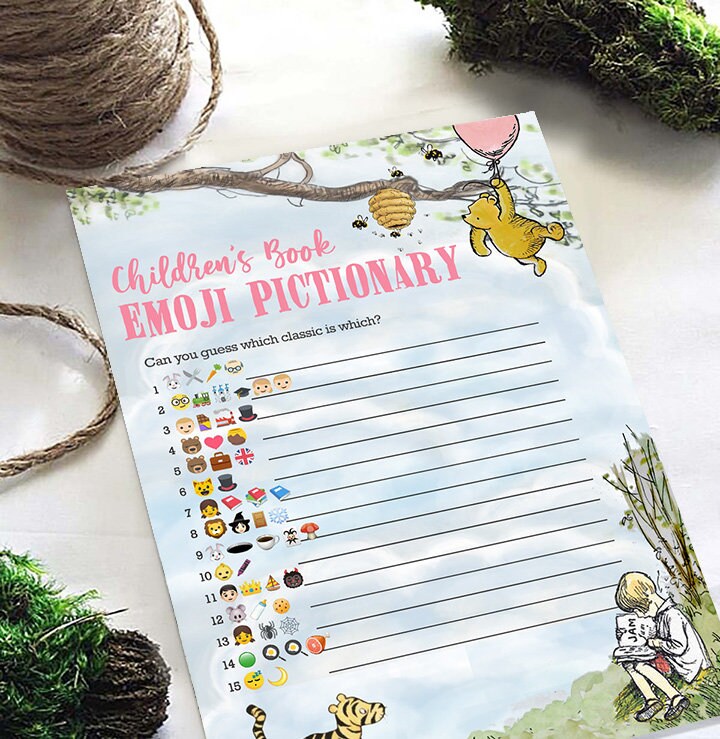 Classic Winnie The Pooh Baby Shower Games - Emoji Emojis Pictionary Card - Pink For Girls