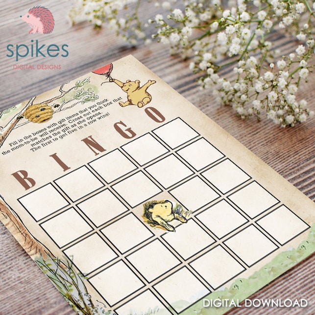 Classic Winnie The Pooh Baby Shower Games - BINGO Card - Instant Download - spikes.digitalshop