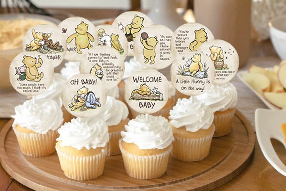 2" BABY SHOWER Cupcake Topper / Download 12 Designs/ Circle Tag Sticker / Cookie Food Favor Label / Classic Winnie The Pooh Baby Shower - spikes.digitalshop