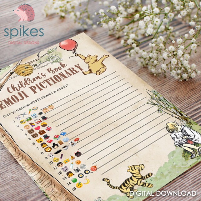Classic Winnie The Pooh Baby Shower Games - Emoji Emojis Pictionary Card - Instant Download