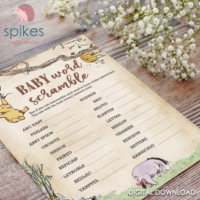 Classic Winnie The Pooh Baby Shower Games - Baby Word Scramble Alphabet - Instant Download - spikes.digitalshop