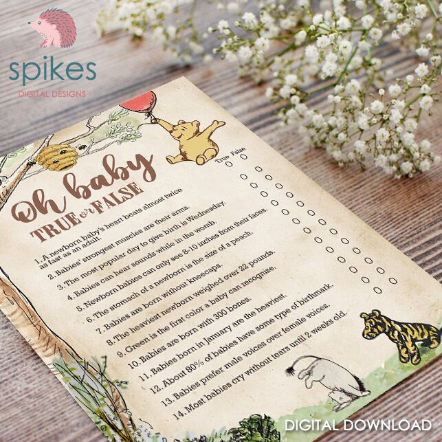 Classic Winnie The Pooh Baby Shower Games - Oh Baby True or False - Instant Download