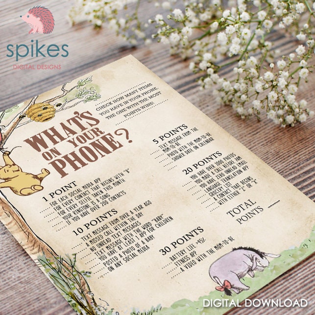 Classic Winnie The Pooh Baby Shower Games - What's On Your Phone - Instant Download