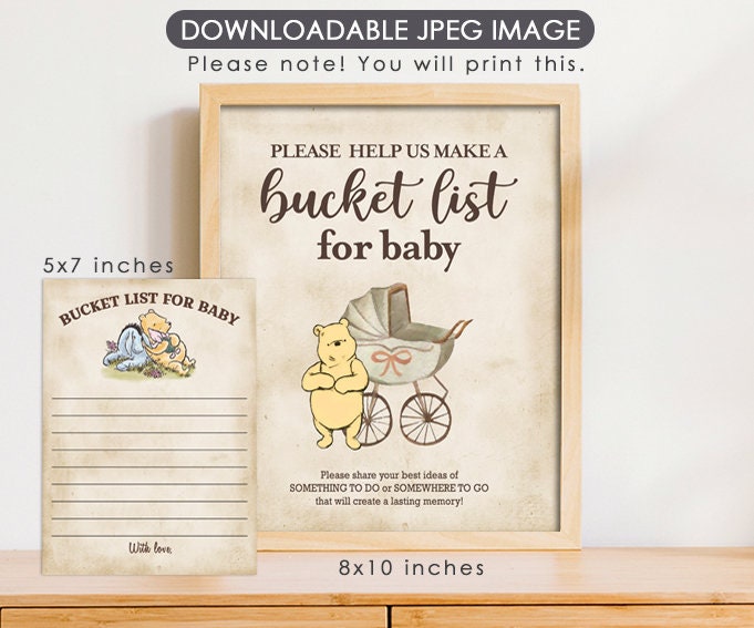Bucket List for Baby - Downloadable Winnie the Pooh Party Sign & Note Card