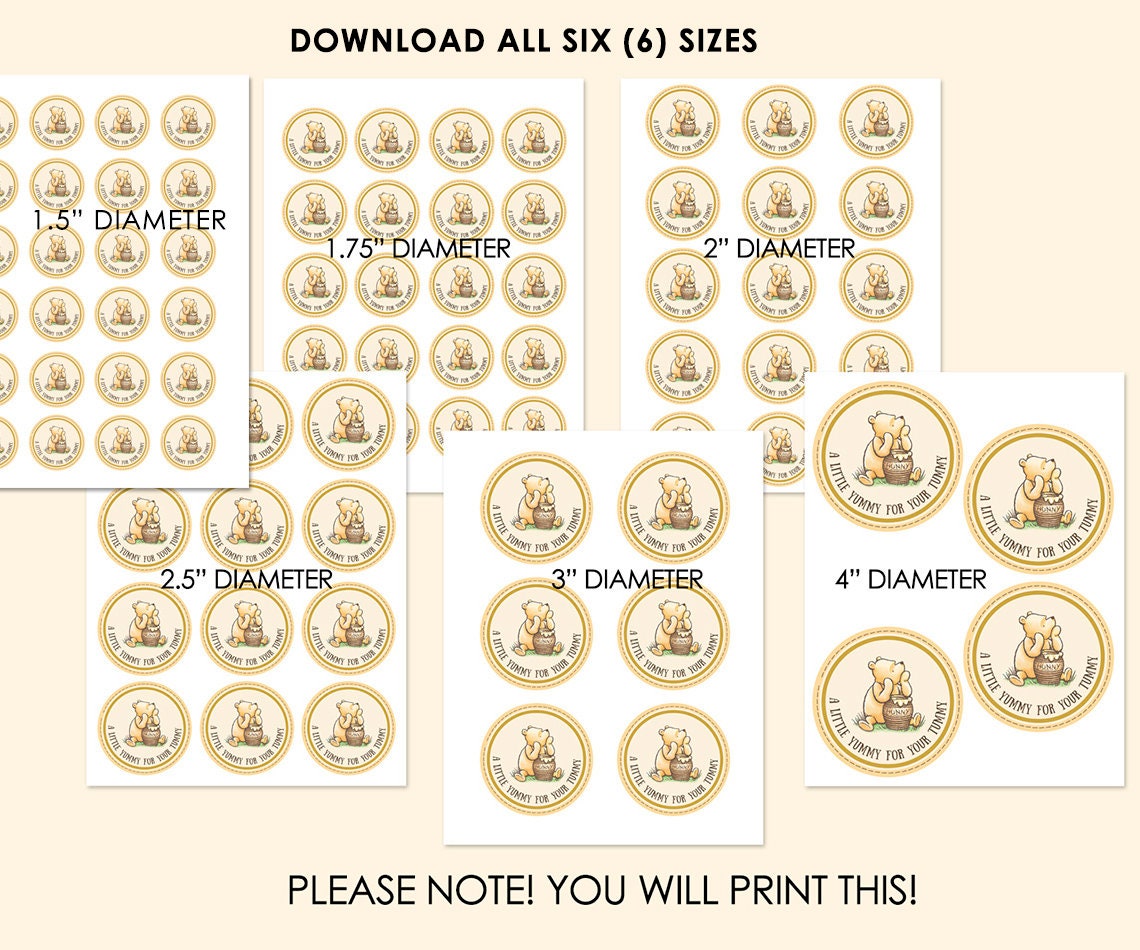 A Little Yummy for Your Tummy Circle Tag Sticker Cookie Food Favor Label / Classic Winnie The Pooh / Baby Shower Birthday / Instant Download - spikes.digitalshop