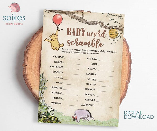Classic Winnie The Pooh Baby Shower Games - Baby Word Scramble Alphabet - Instant Download - spikes.digitalshop