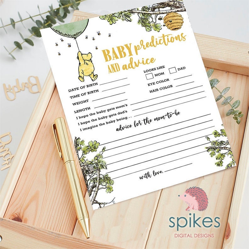 Gender Neutral - Classic Winnie The Pooh Baby Shower Games - Baby Predictions and Advice to Mom To Be - Green Balloon