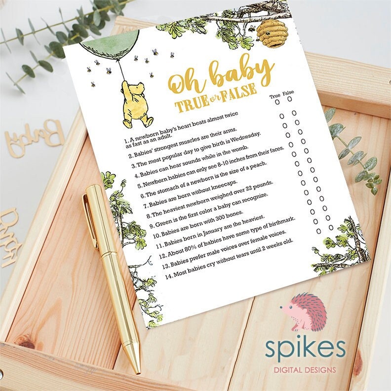 Gender Neutral - Classic Winnie The Pooh Baby Shower Games - Oh Baby True or False - Green Balloon