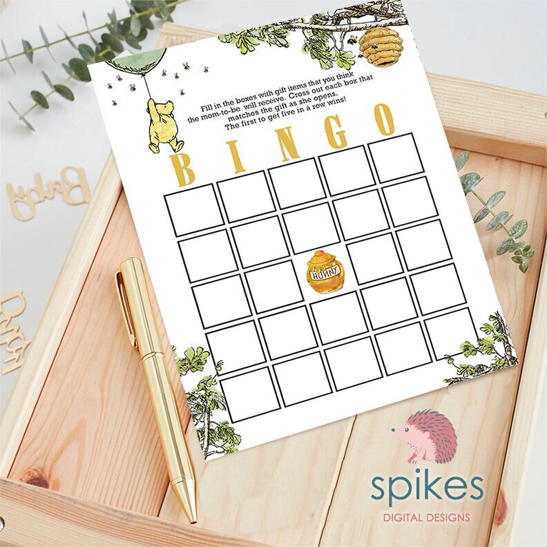 Gender Neutral - Classic Winnie The Pooh Baby Shower Games - BINGO Card -Green Balloon - spikes.digitalshop