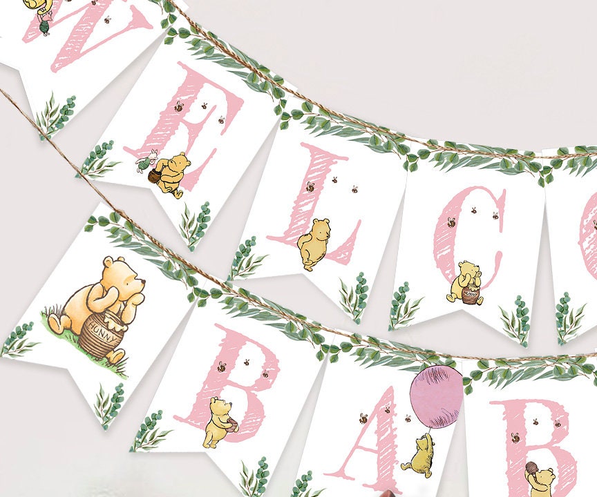 Downloadable Digital Banner Garland/ Classic Winnie The Pooh Baby Shower/Hanging Bunting Flags Decoration /Instant Download - spikes.digitalshop