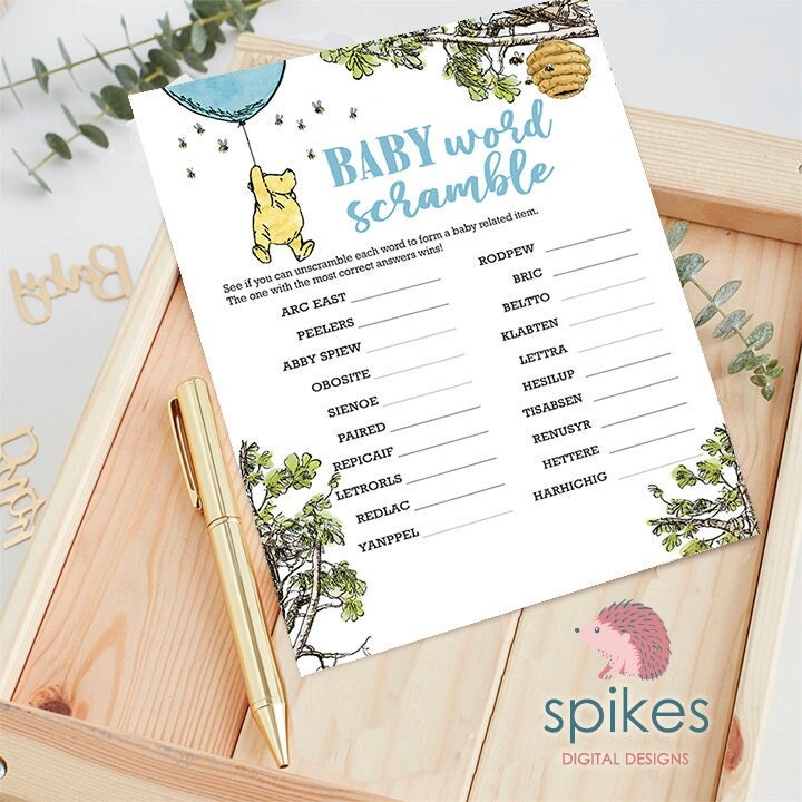 Classic Winnie The Pooh Baby Shower Games - Baby Word Scramble - Blue Balloon - spikes.digitalshop