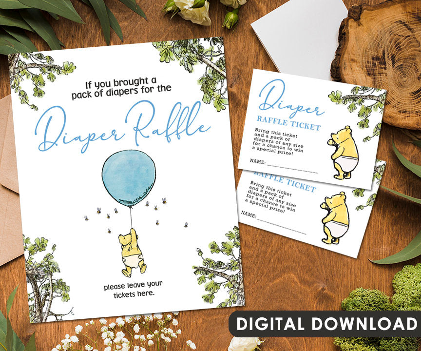 Winnie The Pooh Baby Shower - Diaper Raffle Drop Off and Diaper Raffle Ticket Insert Card - spikes.digitalshop