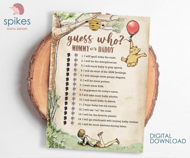 Classic Winnie The Pooh Baby Shower Games - Guess Who Mommy Or Daddy - Instant Download - spikes.digitalshop