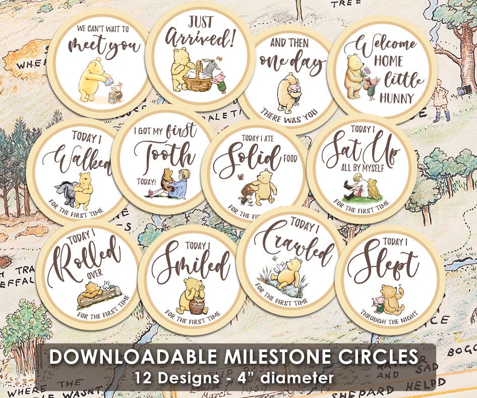 DOWNLOAD in Seconds! Twelve (12) Milestone Circles / Classic Winnie The Pooh / Digital Item / Baby Shower Birthday - spikes.digitalshop