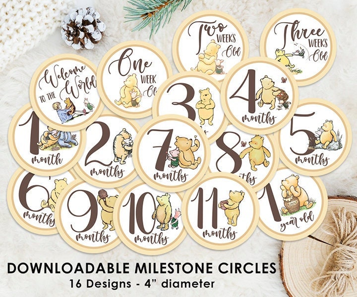 DOWNLOAD in Seconds! Sixteen (16) Milestone Circles / Classic Winnie The Pooh / Digital Instant Dowload / Birthday Baby Shower - spikes.digitalshop
