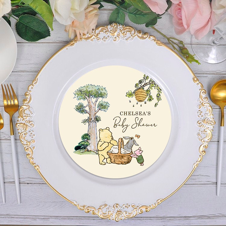 Personalized Charger Plate Label Insert! Digital item Only /Text Customized for you / Choose Size 8", 7", 6" / Classic Winnie The Pooh Baby Shower