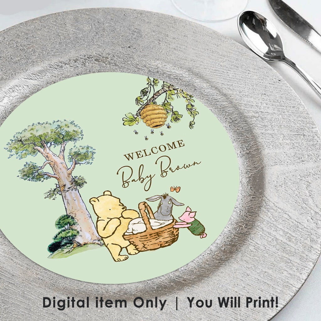 Personalized Charger Plate Label Insert! Digital item Only /Text Customized for you / Choose Size 8", 7", 6" / Classic Winnie The Pooh Baby Shower