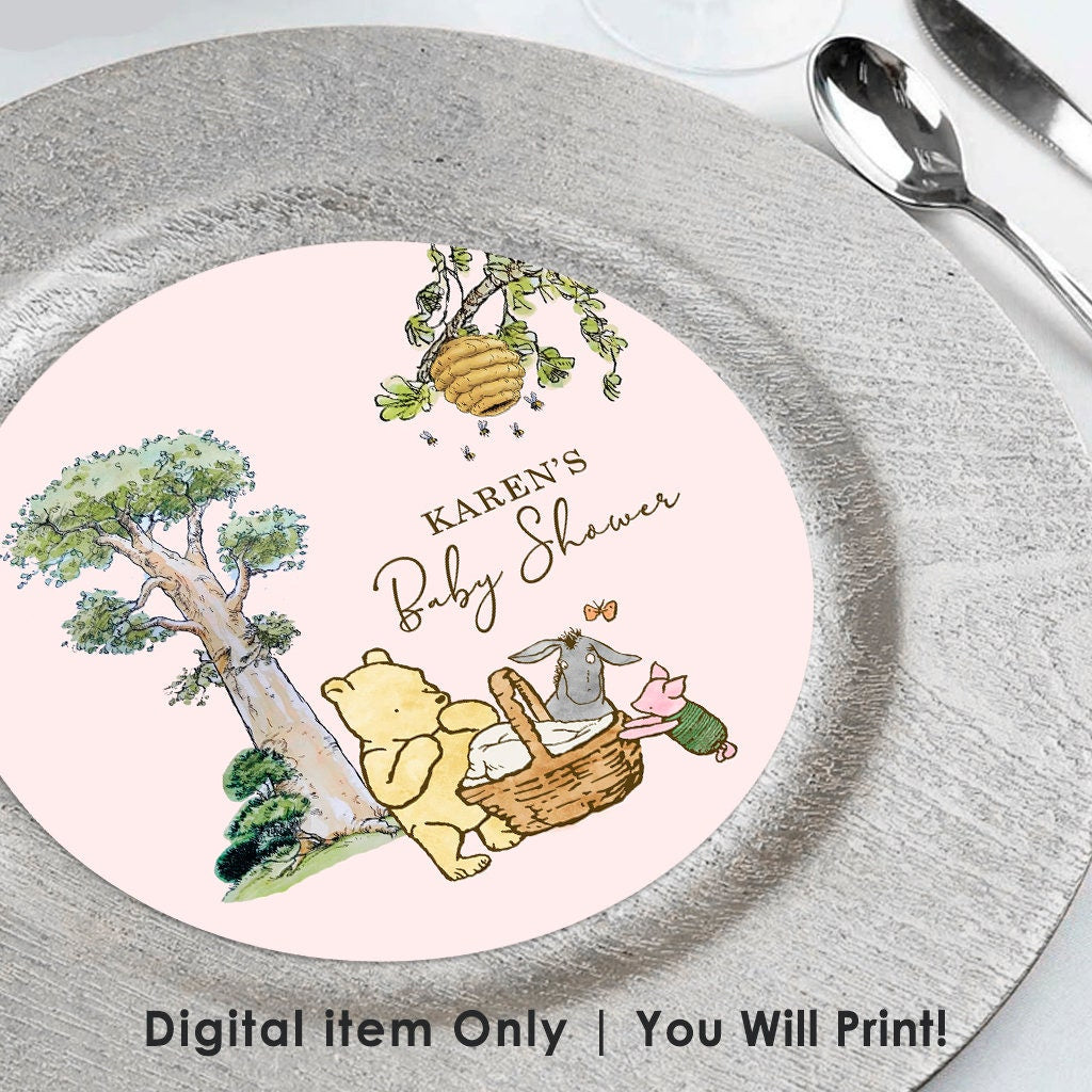 Personalized Charger Plate Label Insert! Digital item Only /Text Customized for you / Choose Size 8", 7", 6" / Classic Winnie The Pooh Baby Shower