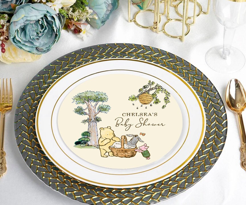 Personalized Charger Plate Label Insert! Digital item Only /Text Customized for you / Choose Size 8", 7", 6" / Classic Winnie The Pooh Baby Shower