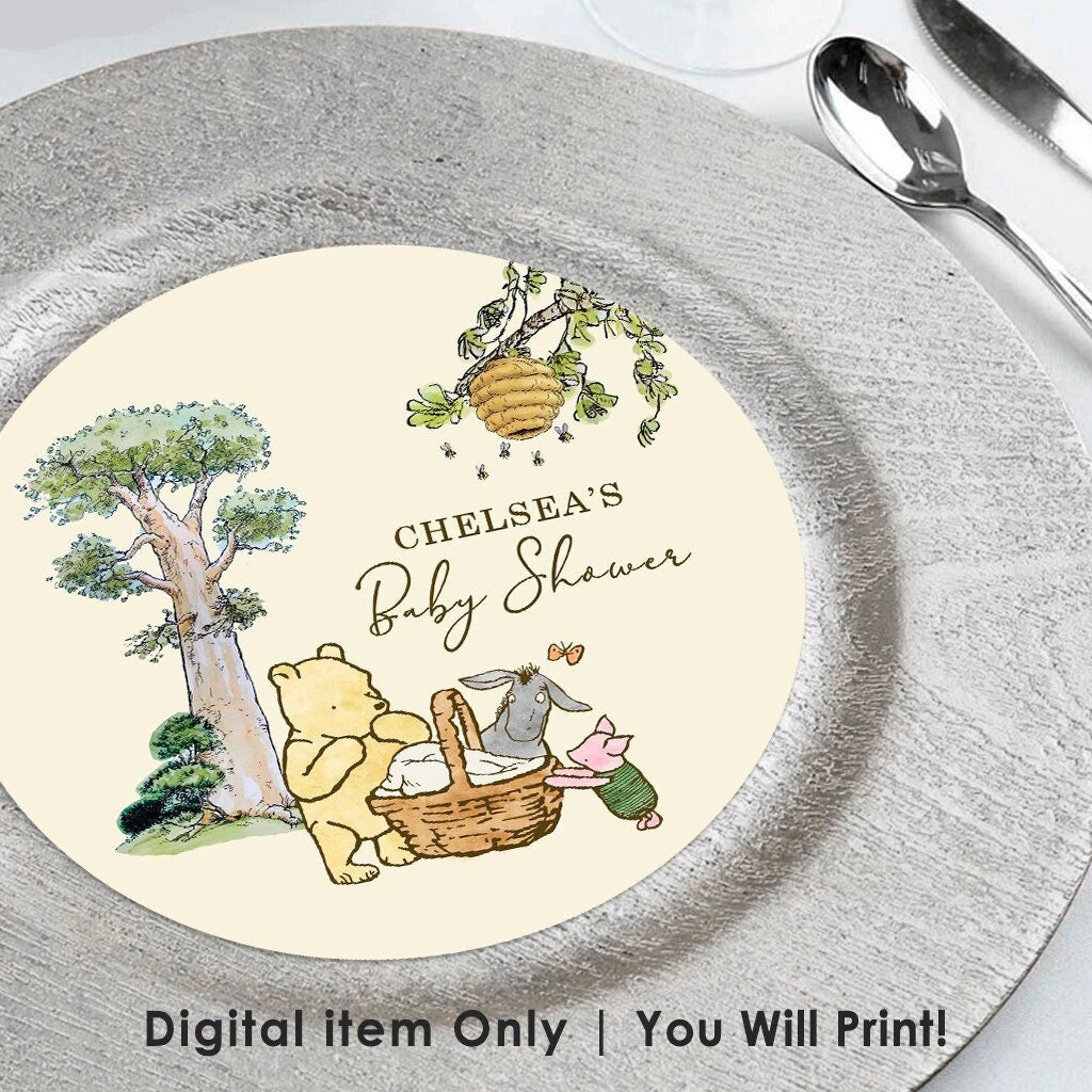 Personalized Charger Plate Label Insert! Digital item Only /Text Customized for you / Choose Size 8", 7", 6" / Classic Winnie The Pooh Baby Shower