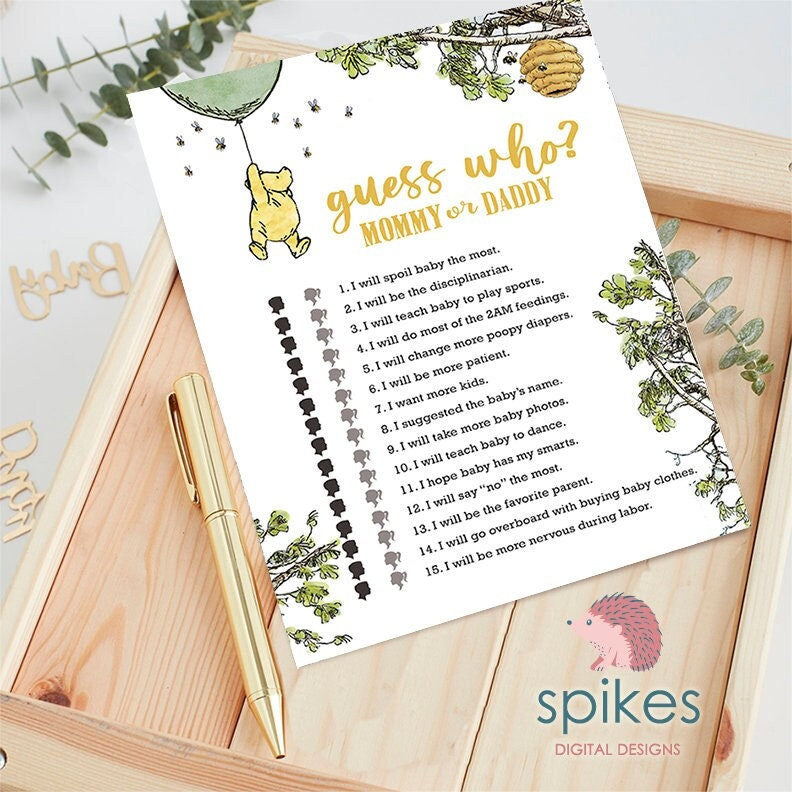 Gender Neutral - Classic Winnie The Pooh Baby Shower Games - Guess Who Mommy Or Daddy - Green Balloon - spikes.digitalshop