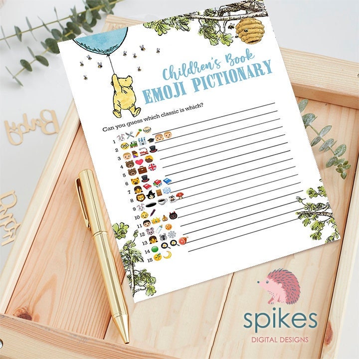 Classic Winnie The Pooh Baby Shower Games - Emoji Emojis Pictionary Card - Blue Balloon
