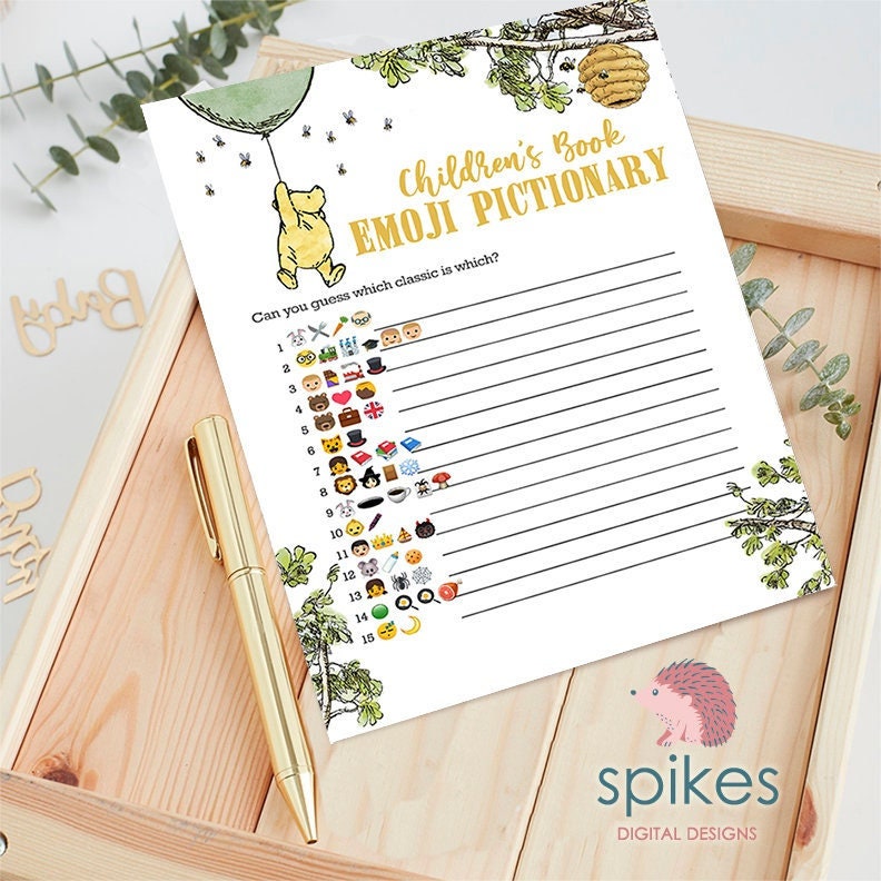 Gender Neutral - Classic Winnie The Pooh Baby Shower Games - Emoji Emojis Pictionary Card - Green Balloon