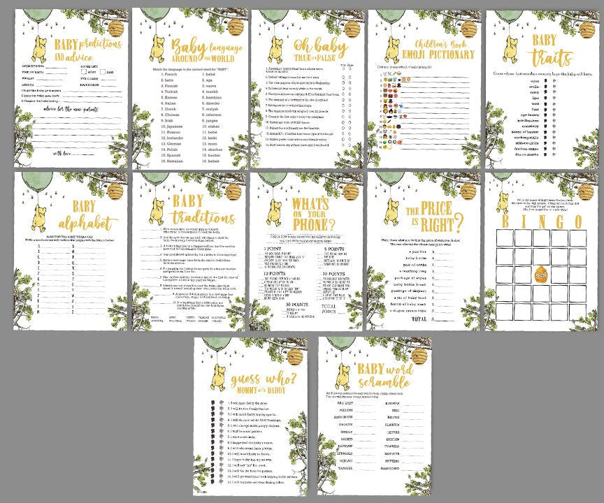 12 Games! GENDER NEUTRAL Bundle / Classic Winnie The Pooh Baby Shower Games Pack / Instant Download / 5x7 inches - spikes.digitalshop