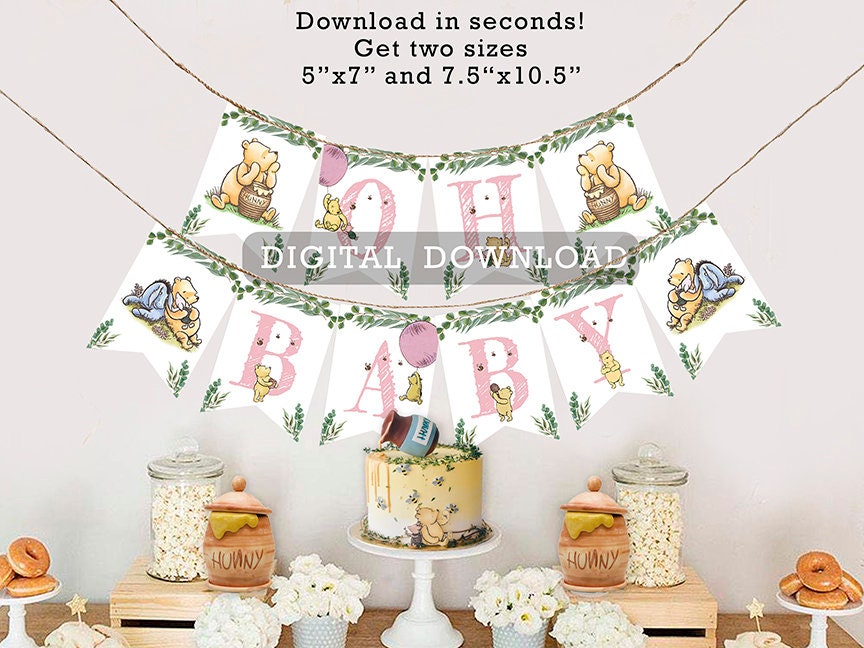 Downloadable Digital Banner Garland/ Classic Winnie The Pooh Baby Shower/Hanging Bunting Flags Decoration /Instant Download - spikes.digitalshop