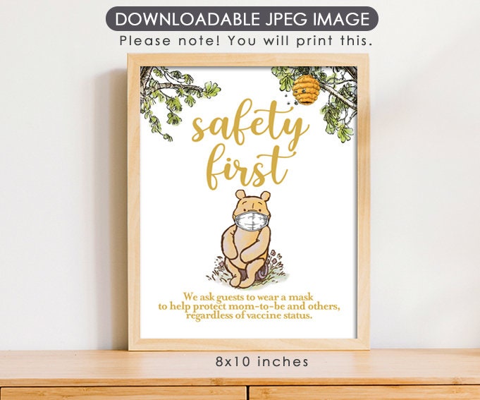 Safety First Wear Mask Table Sign - Classic Winnie The Pooh Party Poster Decoration - for Baby Shower or Birthday Party - spikes.digitalshop