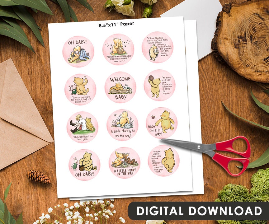 2" Cupcake Topper / Baby Shower or Gender Reveal / 12 Designs/ Circle Tag Sticker/ Cookie Food Favor Label / Classic Winnie The Pooh - spikes.digitalshop