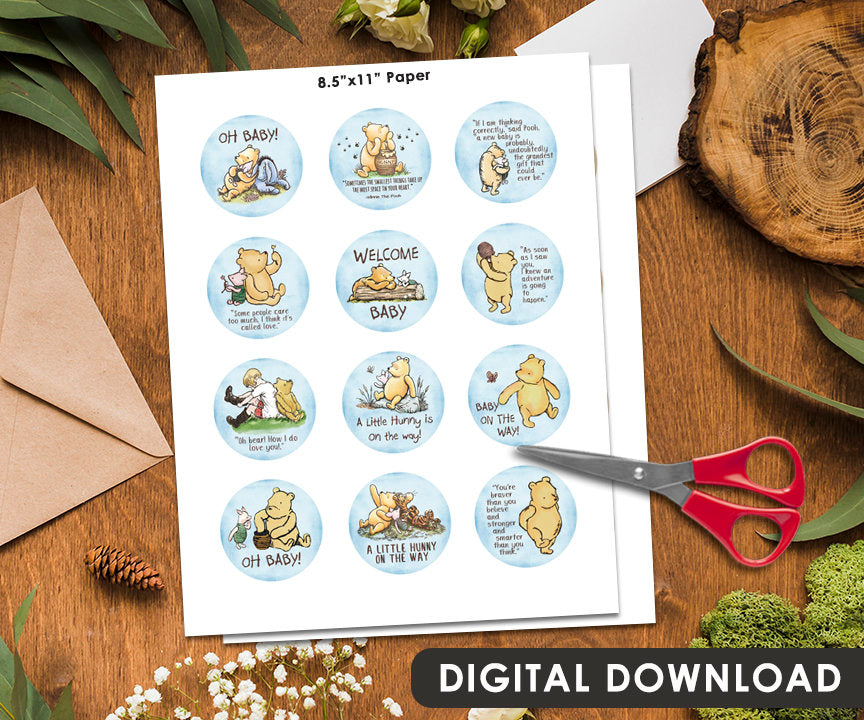 2" Cupcake Topper / Baby Shower or Gender Reveal / 12 Designs/ Circle Tag Sticker/ Cookie Food Favor Label / Classic Winnie The Pooh - spikes.digitalshop
