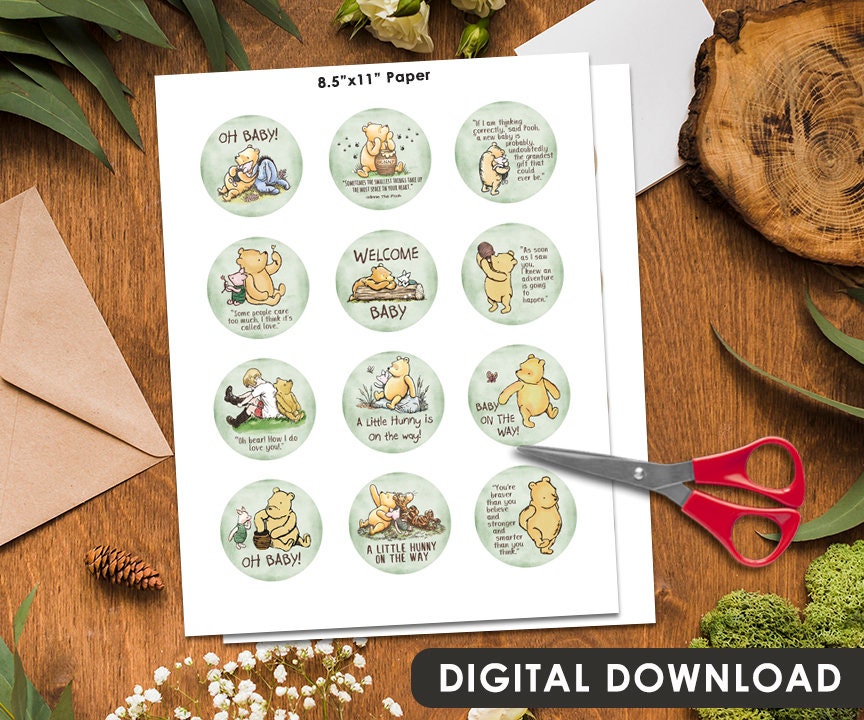 2" Cupcake Topper / Baby Shower or Gender Reveal / 12 Designs/ Circle Tag Sticker/ Cookie Food Favor Label / Classic Winnie The Pooh