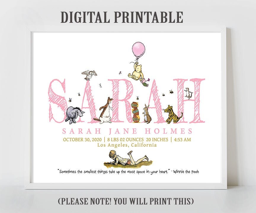 Personalised Digital Birth Announcement - Classic Winnie The Pooh, name, nursery decor, children's bedroom, wall art, baby gift, birth stats