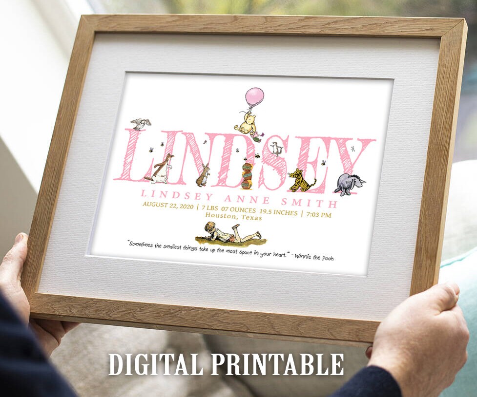 Personalised Digital Birth Announcement - Classic Winnie The Pooh, name, nursery decor, children's bedroom, wall art, baby gift, birth stats