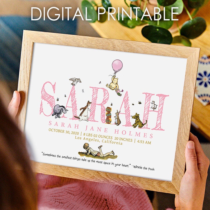 Personalised Digital Birth Announcement - Classic Winnie The Pooh, name, nursery decor, children's bedroom, wall art, baby gift, birth stats
