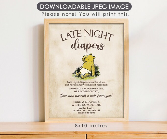 Late Night Diaper - Downloadable Winnie the Pooh Baby Shower Sign - spikes.digitalshop