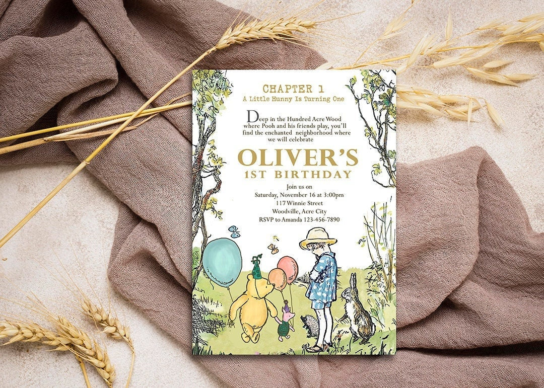 Classic Winnie The Pooh Birthday Invitation Card / Personalized for you / Digital Only