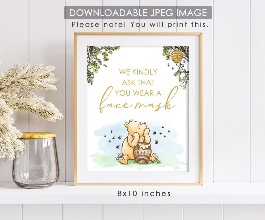 Safety First Wear Mask Table Sign - Classic Winnie The Pooh Party Poster Decoration - for Baby Shower or Birthday Party