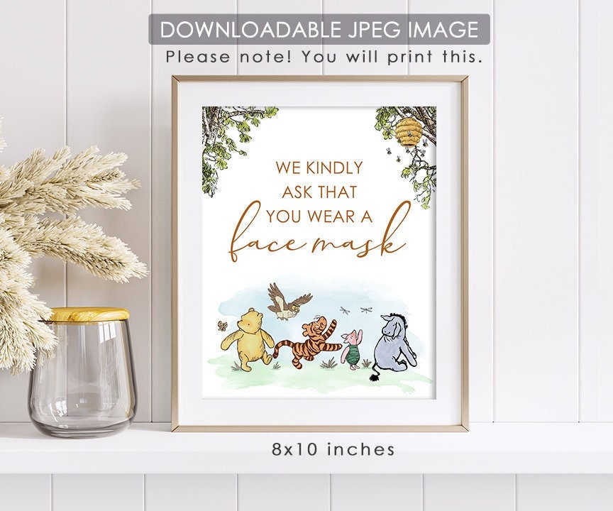 Safety First Wear Mask Table Sign - Classic Winnie The Pooh Party Poster Decoration - for Baby Shower or Birthday Party