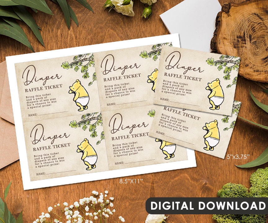 Winnie The Pooh Baby Shower - Diaper Raffle Drop Off and Diaper Raffle Ticket Insert Card - spikes.digitalshop