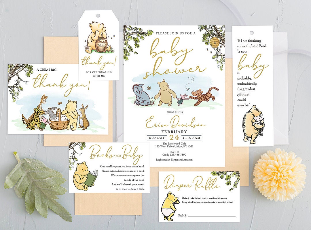 Baby Shower Invitation Card Bundle Pak - Classic Winnie The Pooh Theme
