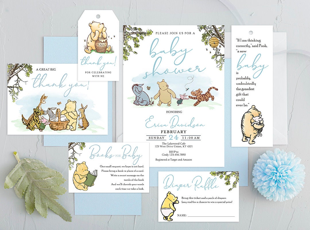 Baby Shower Invitation Card Bundle Pak - Classic Winnie The Pooh Theme - spikes.digitalshop
