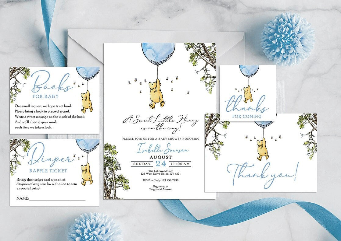 Baby Shower Invitation Card Bundle Pak - Classic Winnie The Pooh Theme